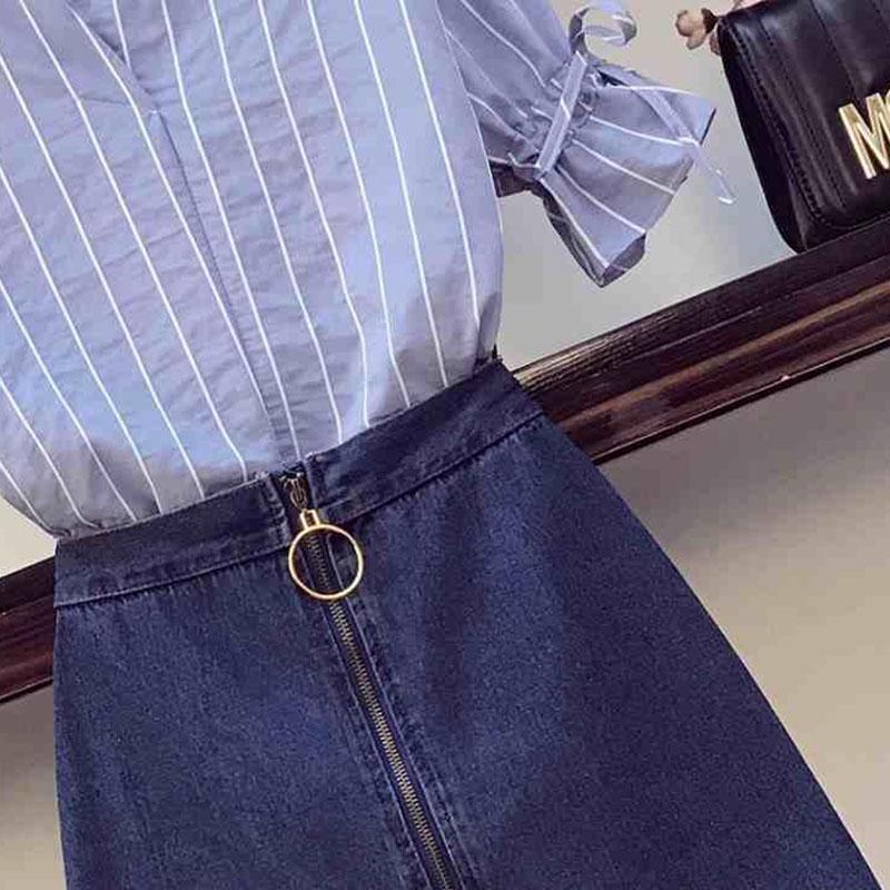 Pofulove 2 Piece Skirt Set Women Summer Half Sleeve Striped Shirt Denim Skirt Two Piece Set for Work