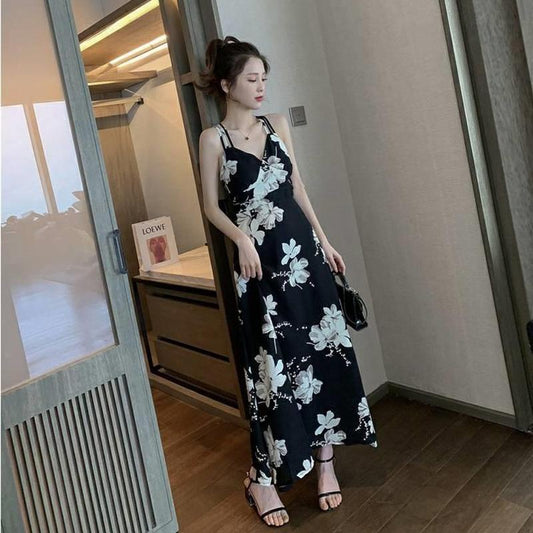 Summer Korean Mid-length Printed Halter Sexy Sling Dress Women's Holiday Big Swing Beach Dress