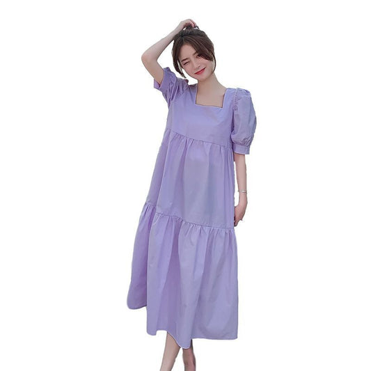 Female Simple Large Size Elegant Holiday Dress Summer High Waist Slim Vintage Gentle Solid Vacation Dress