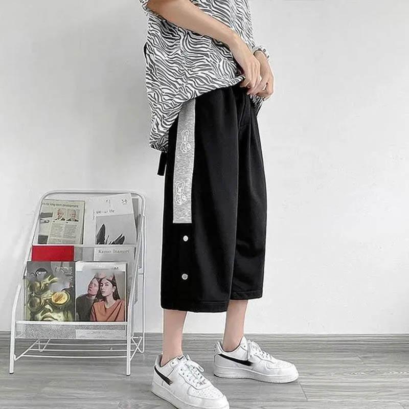 Men's Summer Side Button Design Breathable Thin Wide-leg Shorts Sports Outer Wear Loose Casual Cropped Pants