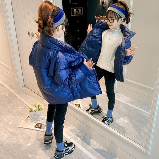Girls' Cotton-padded Jacket In Winter Big Children's Western Style Korean Version of Thick Padded Jacket Bright Face Stand-up Collar Bread Jacket