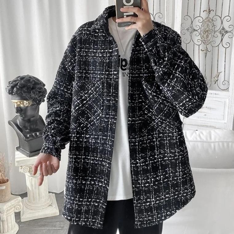 Autumn Woolen Plaid Short Jacket Men's Loose Top Jackets Trendy Brand Trend Casual All-match Jackets
