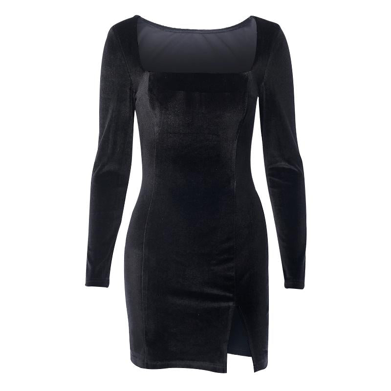 Suede Split Dress Female Black Slim Bottom Long Sleeve Square Collar Bag Hip Skirt