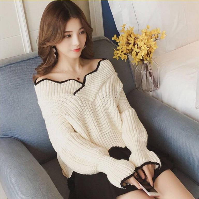 Off Shoulder Knitted Sweater Batwing Sleeve Crochet Wave Cut Hem Loose Pullovers Women