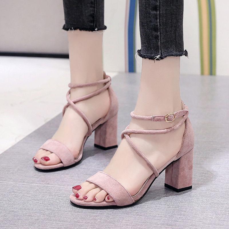 Women's Summer Sandals Mid-heel Chunky Heel Buckle High Heels Korean Style All-match Strapped Roman Sandals