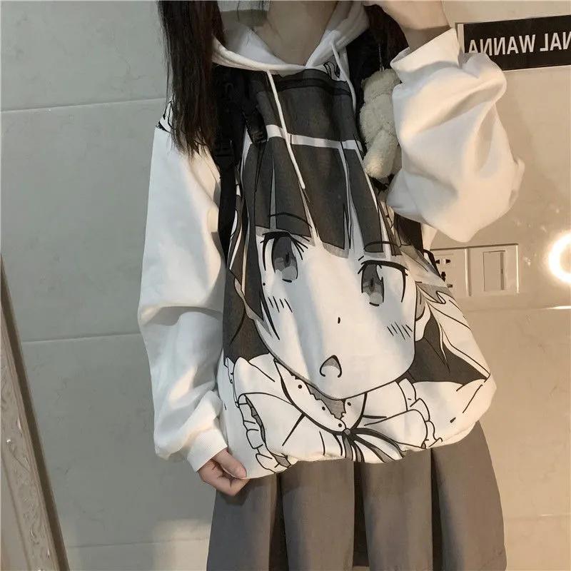 Winter Hoodies Women Anime Printed Fashion Oversized Pullover Sweatshirts Plus Size Loose Casual Hooded Tracksuit Harajuku White Sport Shirts