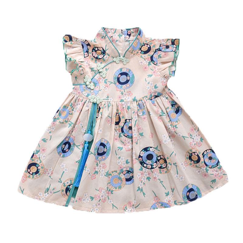 Girls Cheongsam Skirt Summer Dress Baby Girl Summer Style Hanfu Tang Suit Children Foreign Style Flying Sleeve Dress