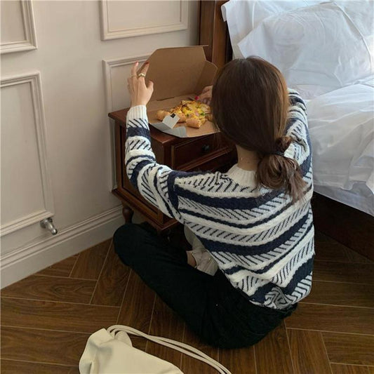 Autumn and Winter Stripes Color Matching Japanese Vintage Lazy Style Pullover Sweater Female Forest Gentle and Versatile