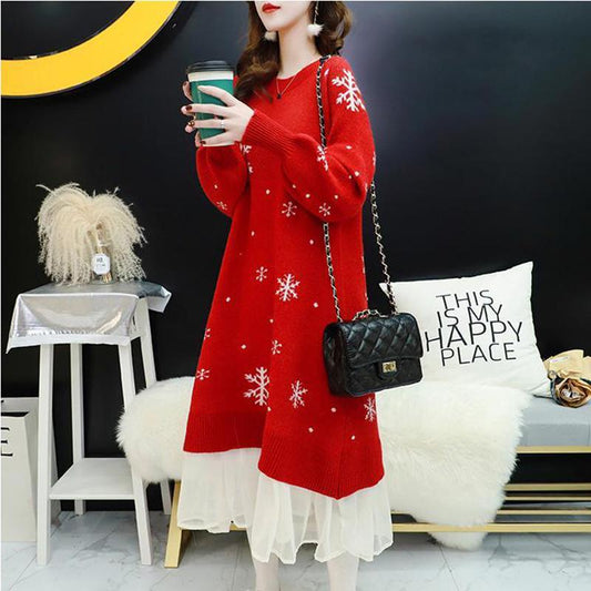 Autumn and Winter Fashion Trend Snowflake Women's Sweater Dress Loose-fitting Mini Sexy Blouse
