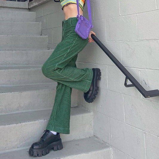 Women Corduroy Straight Pants Baggy Women's High Waist Cargo Trousers Y2K Streetwear Casual Sweatpants Joggers Green Harajuku