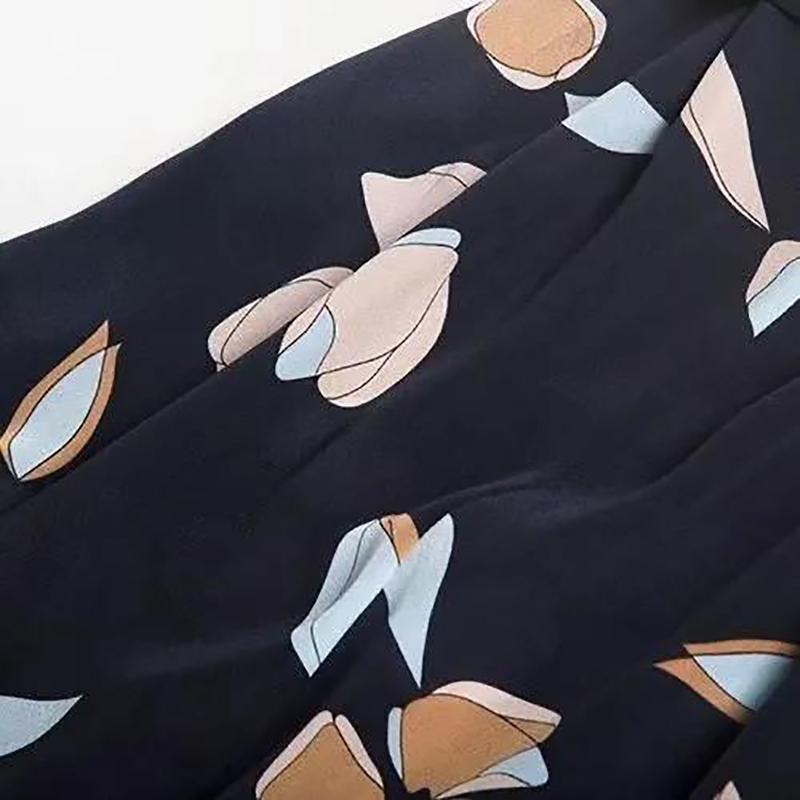 Dress Women's Clothing Printed Long A-line Dress with Stand-up Collar and Short-sleeved Dress with Belt