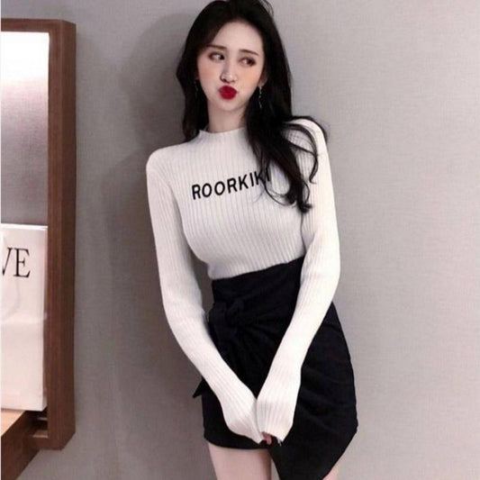 Pofulove Half Turtleneck Lettering Sweater Knit Sweater Top Retro Slim Long Sleeve Pullover