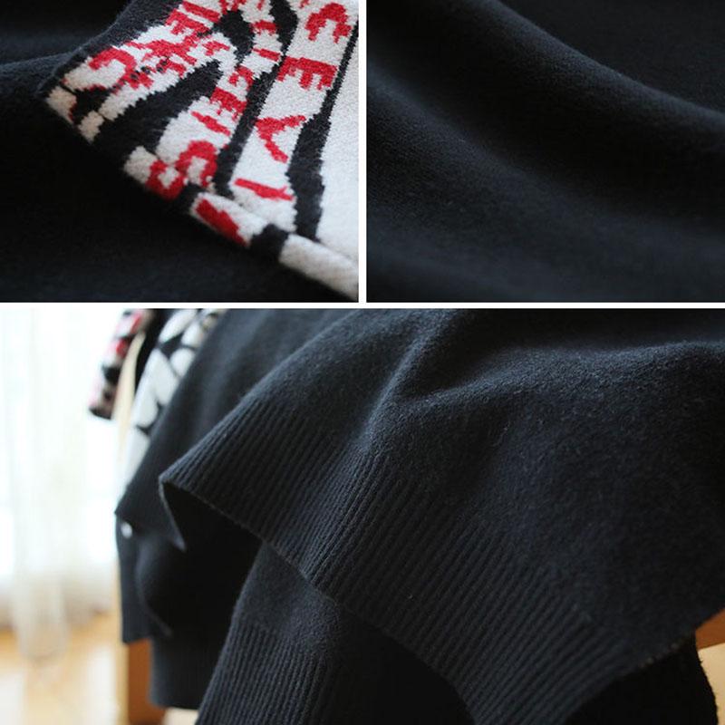 Vintage Printed Knitted Sweater Women Loose Bottoming Sweater Autumn and Winter Asymmetric Pullover Sweater