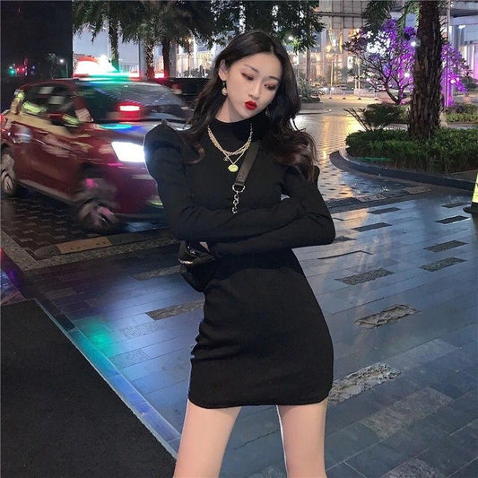 Little Black Dress Sexy Slim Slimming Hip Skirt Half High Neck Long Sleeve Bottoming Knitted Dress Sexy Slim Slimming Hip Skirt