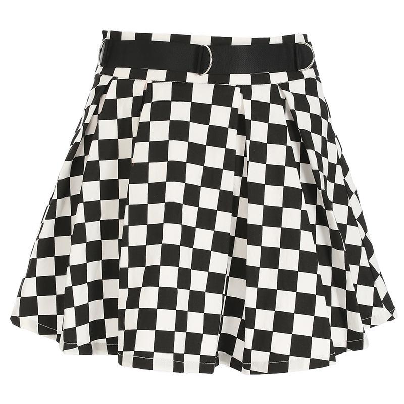 Womens Black and White Glazed Chain Checkerboard High Waist Skirt Streetwear Cotton Plaid Skirts Dancing Short Mini Skirts