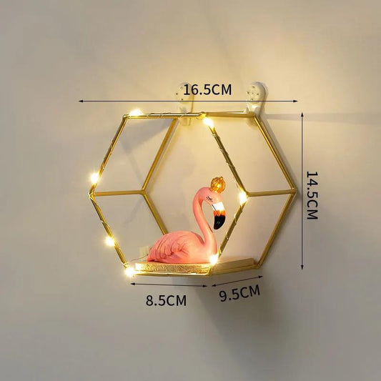 Hexagon Art Storage Shelf Living Room Metal Display Platform Wall Mounted Decorative Rack with Light Strip