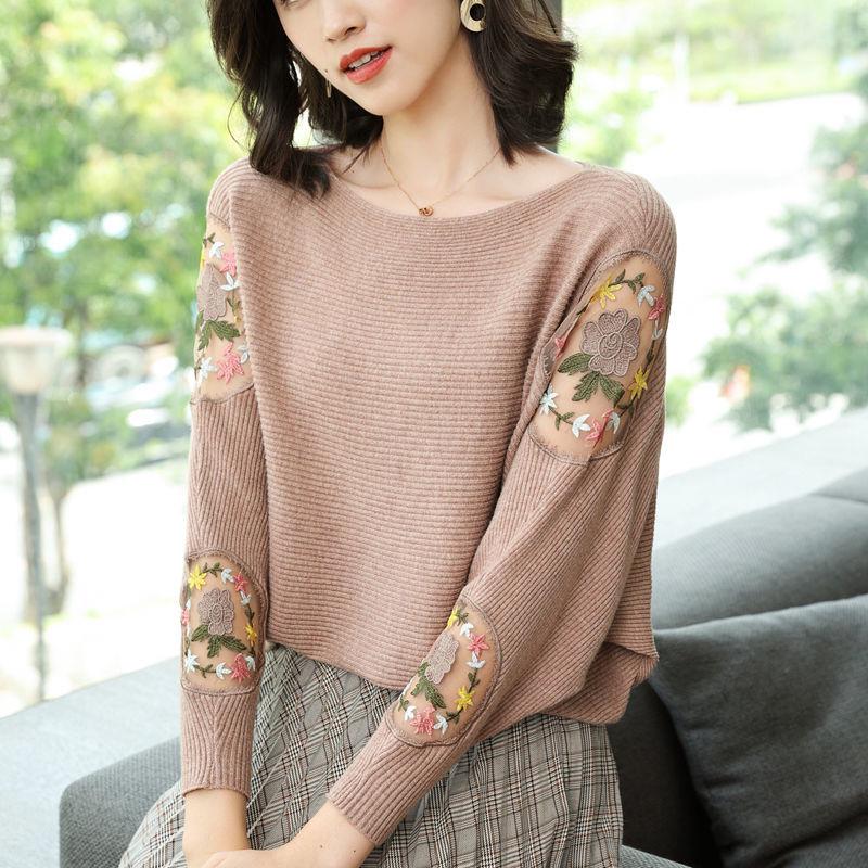 Round Neck Women's Shirt Loose Lace Hollow Knit Sweater Long Sleeves One-shoulder Short Bottoming Shirt