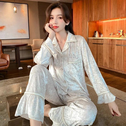 Women's Gold Velvet Pajamas Set Comfortable Gold Edge Tie Dye Long Sleeve Sleeping Suit Spring Autumn Lapel Cardigan Casual Out Wear Pyjama Set