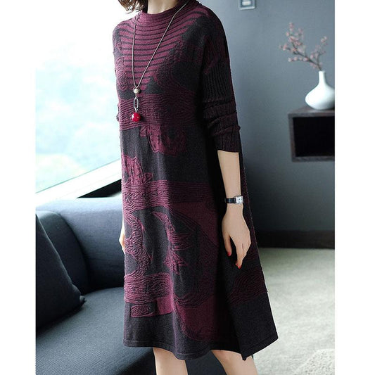 Autumn and Winter Elegant Temperament Bottoming Shirt Loose Jacquard Knitted Dress Mid-length Over The Knee Sweater Skirt
