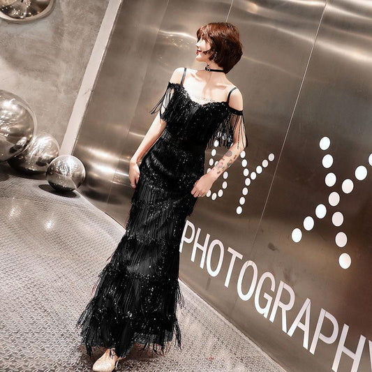 Women Vintage Dress Sequin Dresses Floor length Lace Party Fishtail Dress Formal Cocktail Prom