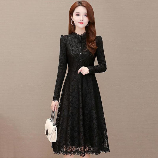 Lace Dress Autumn and Winter Temperament Long-sleeved Bottoming Skirt Waist Slim A-line Mid-length Ladies Dress