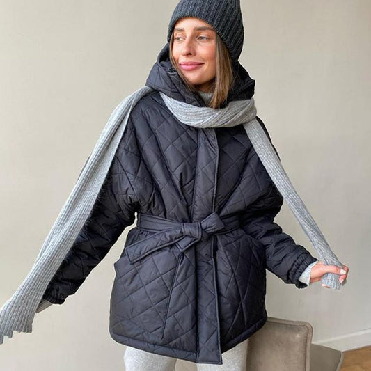 Casual Loose Arygle Hooded Parkas Women Fashion Solid Thick Short Coats Women Elegant Tie Belt Cotton Jackets Female Ladies