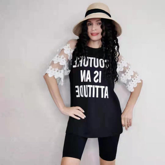 Women's Lace Stitching Short-sleeved T-shirt Summer Loose Design Sense Split T-shirt Top