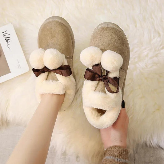 Snow Boots Women's Sleeve Short Boots Bow Hairy Shoes Bread Shoes Plus Velvet Cotton Shoes Autumn and Winter Women's Shoes