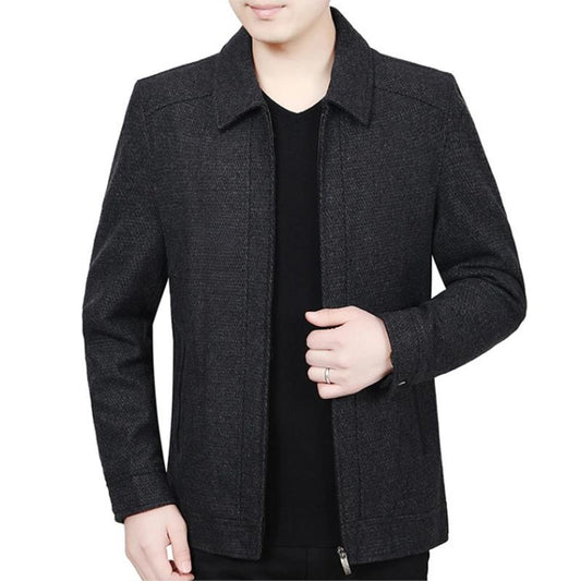 Men's Autumn and Winter Wool Plus Velvet Padded Jacket Stand-collar Casual Jacket Male Warm Thick Coats Mid-length Thick Coat Black Grey Outerwear