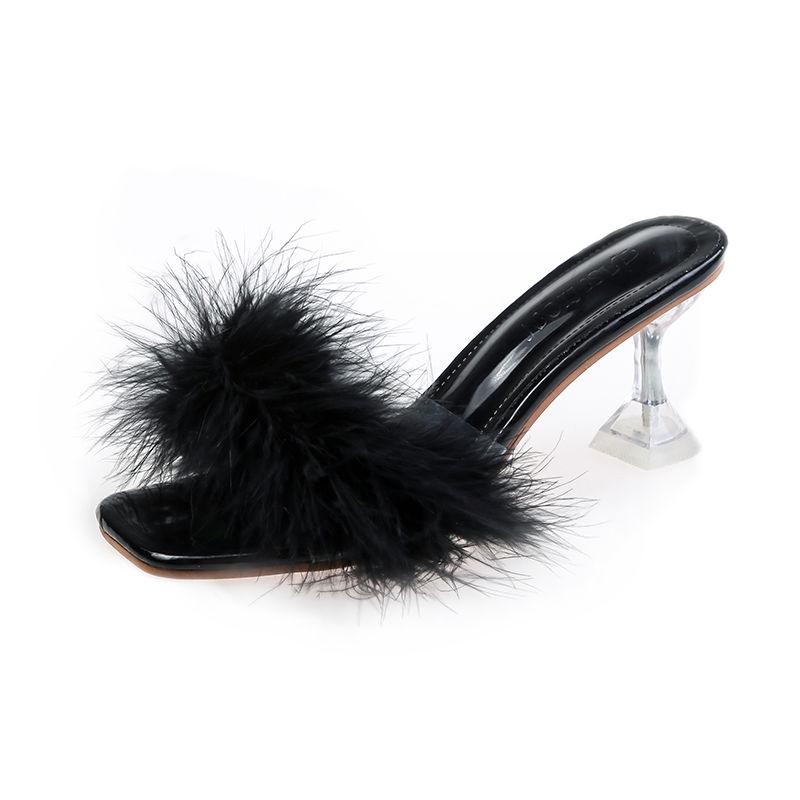 Women Fur Slippers Summer Fluffy Slippers R High -Heeled Slippers Sweet Ladies Stiletto Slippers Footwear