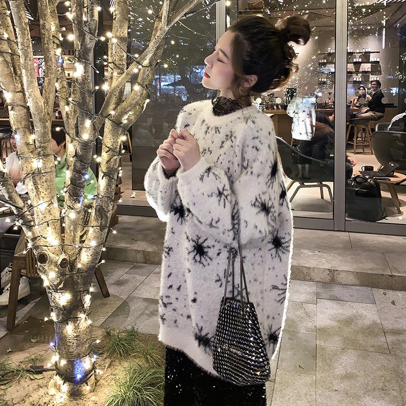 Autumn and Winter Fashion All-match Sweater Pullover Loose Shiny Silk Top Mid-length Snowflake Pattern Female Sweater