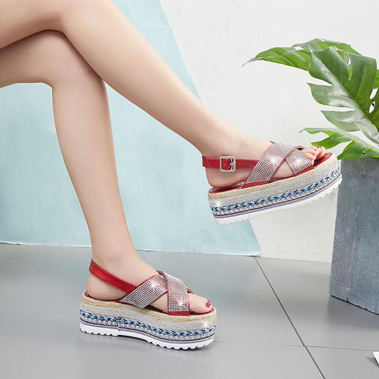 2020 Spring and Summer Trend Wind Fork Open Toe Wild Rhinestone Thick Bottom Muffin Women Sandals Women Shoes