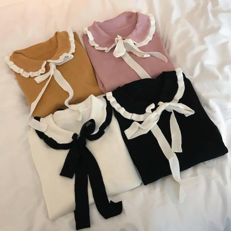 Knitwear Autumn and Winter New Female Foreign Body Slim Slimming Wooden Ear Long-sleeved Shirt