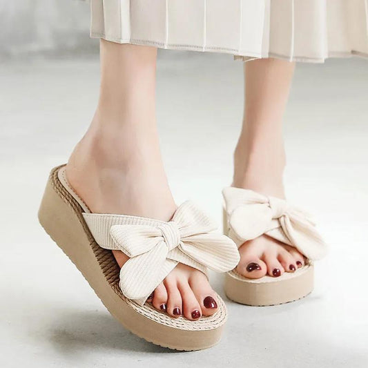 Beach Slippers Women's Summer Bows Wear Thick Bottom Sandals Women's Seaside Non-slip Wedge Heels Women's Flip-flops