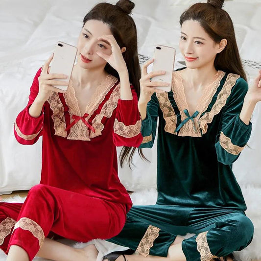 Women's Lace Bow Knot Gold Velvet Pajama Set V-Neck Solid Color Loose Comfortable Two-piece Set Out Wear Long Sleeves Nightgowns Sleeping Set