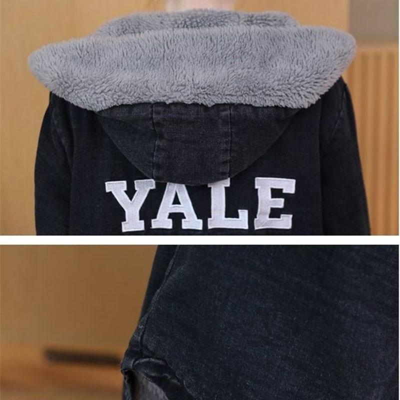 Women Flocking Denim Jacket Winter Ladies Mid-length Denim Parka Loose Plus Fleece Thick Hooded Coat