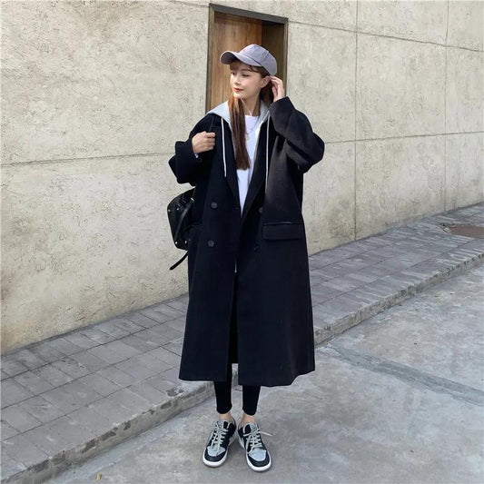 Thickened Fake Two-piece Woolen Coat 2021 Autumn and Winter Women's Korean Mid-length Loose Plus Cotton Woolen Coat