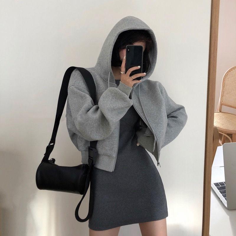 Women's Four Seasons Fried Street Suit Hooded Loose Sweater Jacket + Long Sleeve Slim Dress Two-piece Casual Suit Coat Skirt Sets