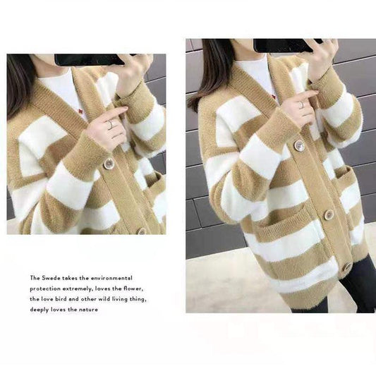 Mid-length Mink Velvet Coat Knitted Cardigan Sweater Autumn and Winter Loose Women's Coat