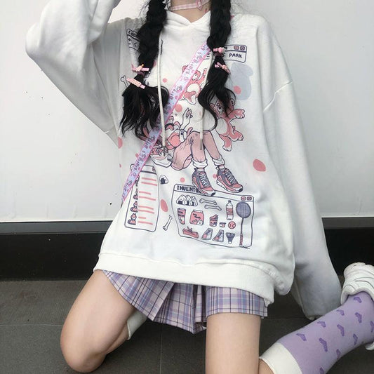Anime Hoodies Oversized Pullovers Tops White Japanese Cartoon Printed Fashion Sweatshirts Streetwear Harajuku Hip Hop Sweatshirts Black Fall Winter