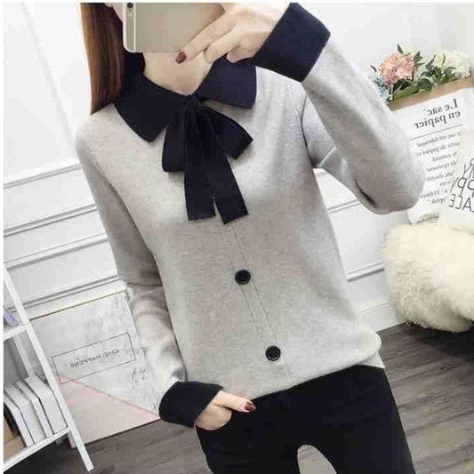 Autumn and Winter Loose Sweater Doll Collar Lace Top Bow Knit Women's Bottoming Shirt