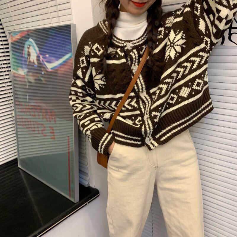 Spring and Autumn Short Cardigan Jacket Printed Splicing Color Loose Sweater Retro Thin All-match Top