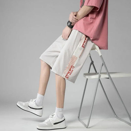 Men's Summer Printing Cooling Ice Silk Stitching Shorts Loose Outer Wear Wide-leg Five-point Pants Casual All-match Shorts