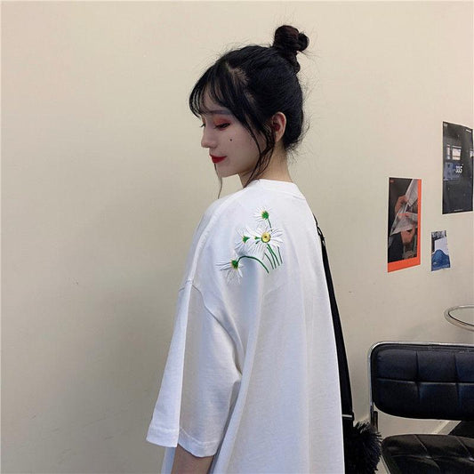Pure Color Flower Pattern Embroidery Women Causal T Shirt TLoose Breathable Women's Tops Ladies Basic Tee Shirt