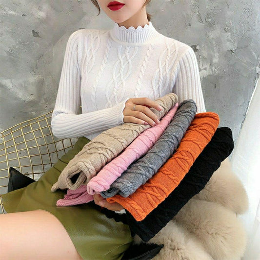 Women's Solid Color Warm Sweater Twist Knit Pullover Long Sleeve Lace Half Turtleneck Bottoming Shirt