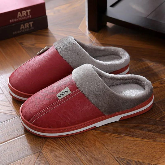 Women Unisex Winter Home Slippers Leather Waterproof Non Slip Slippers Plush Warm Indoor Flat Non-slip Slippers