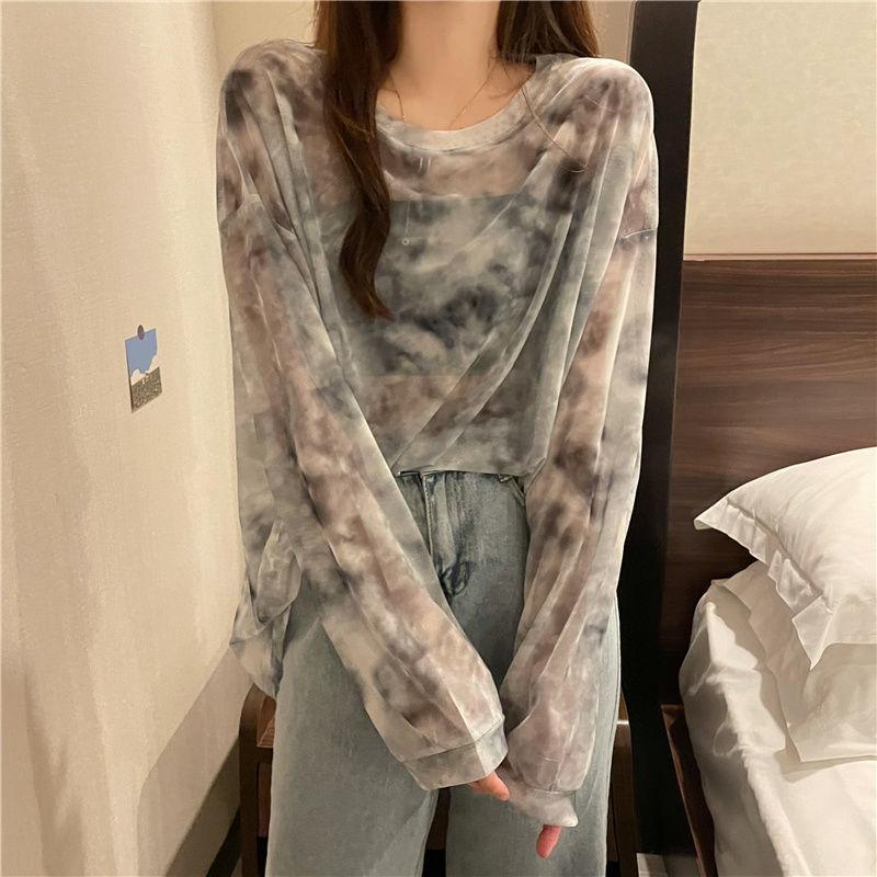 Fall Version of Tie dye Loose Simple Long-sleeved fall T-shirt Women Simple Pure color Bottoming Net yarn Blouse Tee