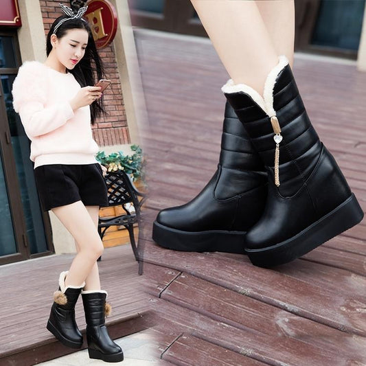 Outdoor Waterproof Snow Boots Women Thick Non-slip Mid-calf Leather Boots Plus Velvet Warm Cotton Boots Thick-soled Wedge Increase Winter Boots