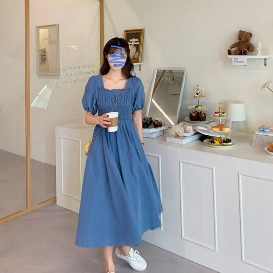 Summer Retro French Casual Solid Color Over-the-knee Long Skirt Waist Puff Sleeve Square Neck Short-sleeved Dress