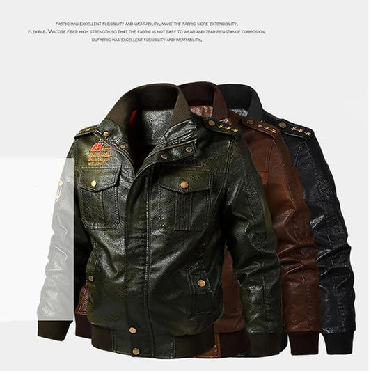 Retro plus velvet military uniform men's leather bomber leather jacket Slim stand-up collar PU casual plus size motorcycle suit